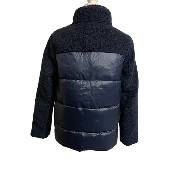 Women’s TOMMY HILFIGER Mixed Media Navy Blue Sherpa Puffer Jacket Coat - Picture 6 of 10